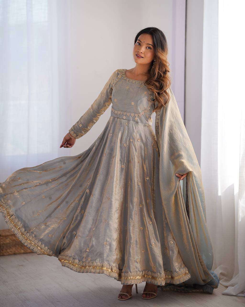 Women's Fandy Silk Coding with Sequnce work Long Anarkali Kurti Gown With Dupatta